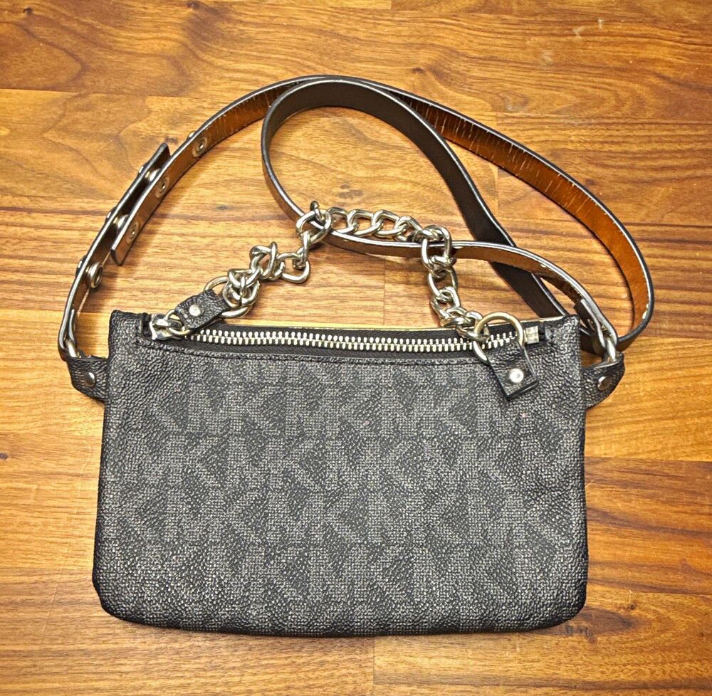Michael Kors Gray Logo Small Crossbody Bag Zip Top Chain Detachable Strap Fanny